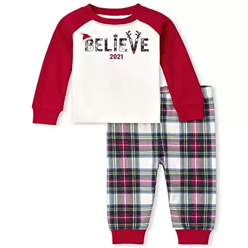 The Children's Place Baby Toddler 2 Piece Christmas Pajamas, Cotton Seasonal, Believe 21, 0-3 Months