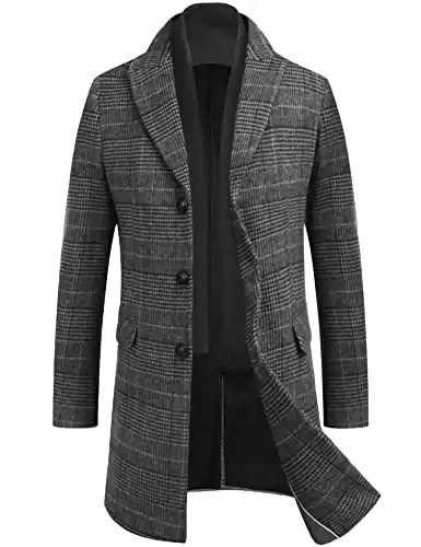 COOFANDY Men's Wool Blend Coat with Detachable Plaid Scarf Notched Collar Single Breasted Pea Coat Trench Overcoat