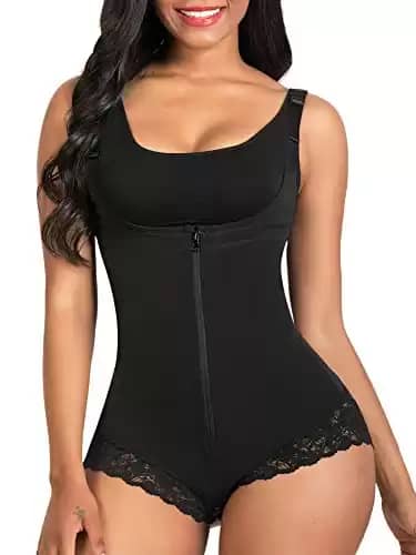 SHAPERX Women Shapewear Tummy Control Fajas Colombianas Body Shaper Zipper Open Bust Bodysuit,SZ7200-Black-L