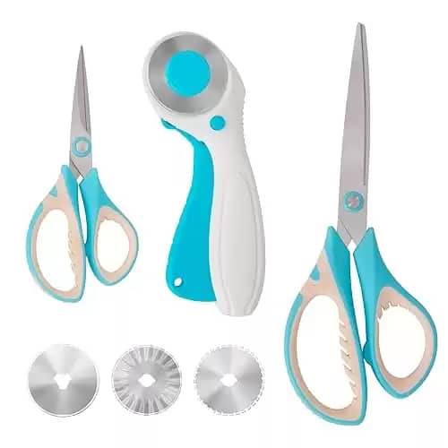 MANUFORE Sewing Tools Includes 2pcs Fabric Scissors and 45mm Rotary Cutter with Blades for for Quilting, Sewing, Crafting