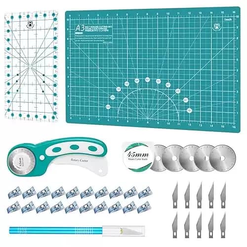 Headley Tools Rotary Cutter Set - 45mm Fabric Cutter, 5 Extra Rotary Blades, A3 Cutting Mat, Quilting Ruler and Sewing Clips, Craft Knife Set, Ideal for Crafting, Sewing, Patchworking,Turquoise