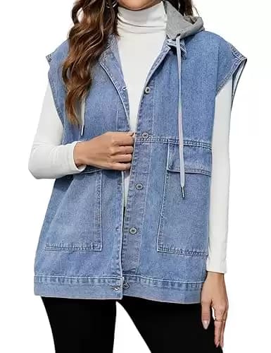 PAODIKUAI Women's Oversized Denim Vest Mid Long Jean Vest Sleeveless Jackets Distressed Vest Cotton, A-blue With Hood, Large