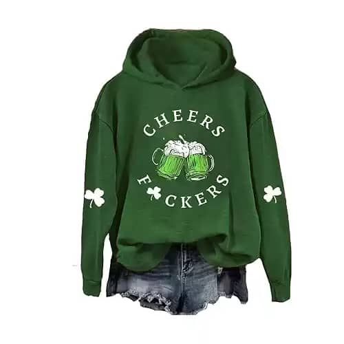 2024 St. Patricks Day Shirts for Women Green Loose Hooded Pullover Outdoor Casual Shamrock Graphic Long Sleeve Blouse