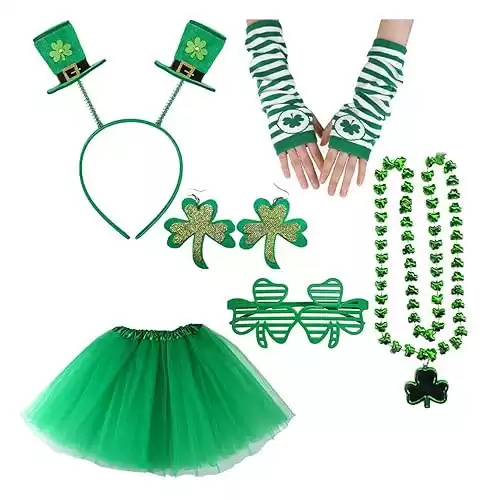 St. Patrick's Day Costume Party Suit - Green Attire Shamrock Accessories for Women, Gloves, Tulle Tutu, Necklaces
