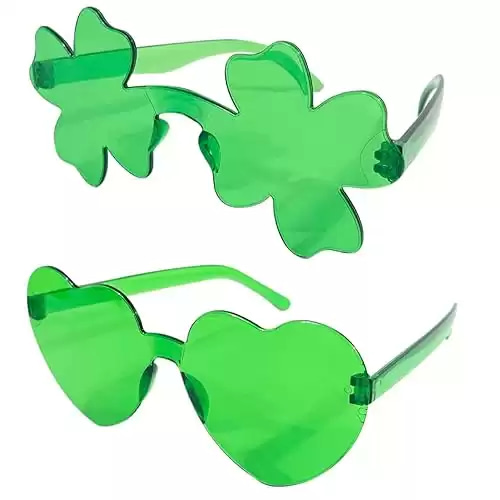 2 Green Sunglasses Shamrock & Heart Shaped, St Patricks Day Glasses for Women Men Party Outfit Accessories