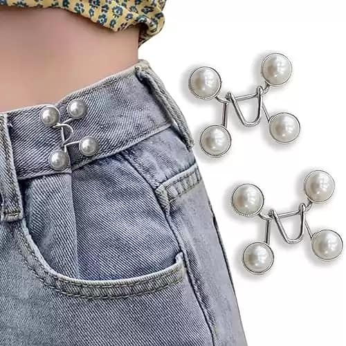Qkari Jean Button Pins, Adjustable Jean Button, Detachable Jean Button Pin, No Sewing Required, Perfect Fit Instant Jean Button(White Pearl)