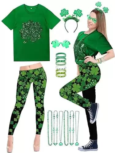 Shihanee 16 Pcs Women's St. Patrick's Day Costume Set Irish Shiny Shamrock T-shirts Stretchy Leggings Irish Festival Outfits