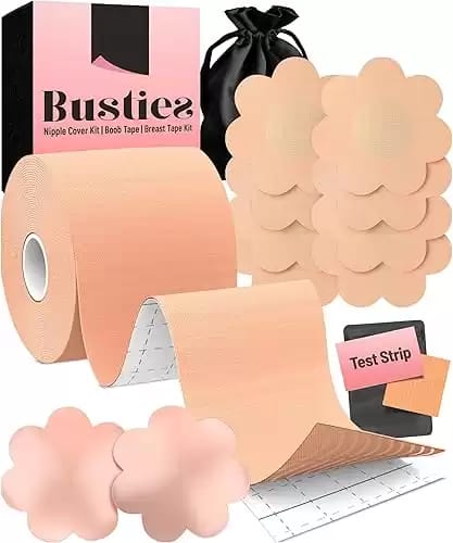 BUSTIES Boob Tape Kit (12pcs), Easy to Use (Universal Fit), Breathable Boobtape for Breast Lift, Invisible Breast Lift Tape, Bra Tape, Breast Tape Lift, Boob Lift, Nipple Tape, Body Tape Breast Lift