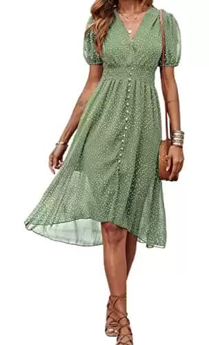 PRETTYGARDEN Green Dresses for Women Long Wrap Dress Polka Dot Short Sleeve Summer Dress for Women Beach Elastic Waist Smocked Long Dress (Light Green, Small)