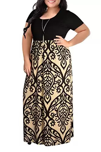 Nemidor Women's Chevron Print Summer Short Sleeve Plus Size Casual Maxi Dress(16W,Light Brown)