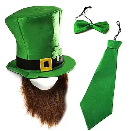 St. Patrick's Day Party Costume Hat Shamrock Velvet Top Hat Beard Tie, Bow Tie Party Favors Fighting Irish Funny Accessories