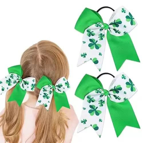 Clover Shamrock Hair Bows for Girls St Patrick's Day Hair Accessories Big Bows for Hair Ties Rope Scrunchies Green Cheer Bows for Cheerleader Ponytail Holder 2 PCs