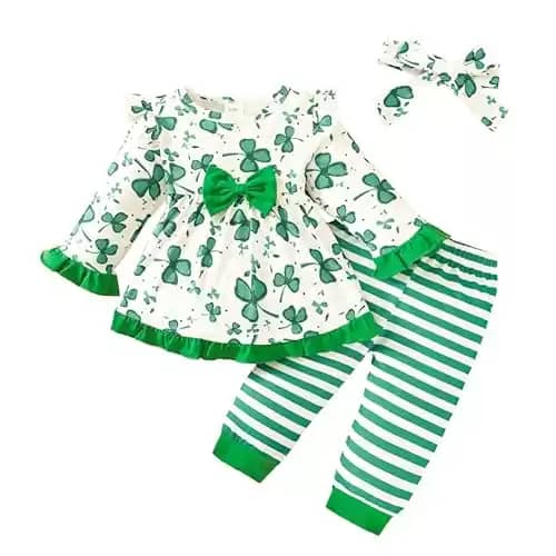 Toddler Baby Girls St.Patrick's Day Clothes Long Sleeve Dress Top and Pant with Headband Toddler Girl 3Pcs Outfit Sets