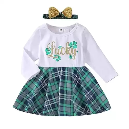Baby Girl St. Patrick's Day Ruffle Sleeve Shamrocks Dress One-Piece Outfit Bow Skirt with Headband Party Costume Clothes