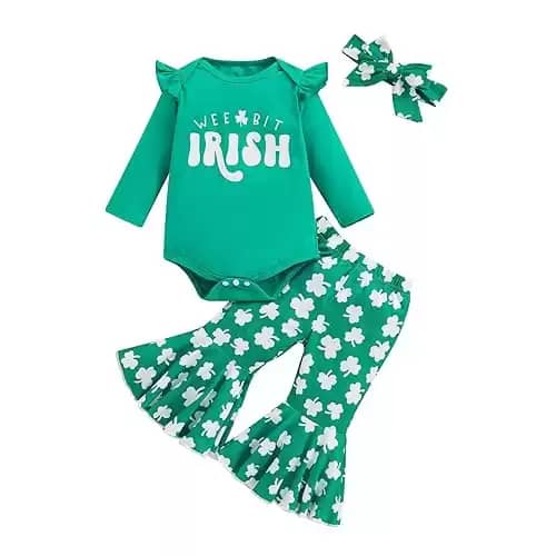 Baby Girl St Patrick's Day Outfit Newborn Bell Bottom Clothes Long Sleeve T Shirt Romper Flare Pant Headband Sets