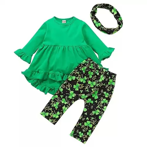 St. Patrick’s Day Toddler Girls Outfits Baby Ruffle Long Sleeve T Shirt Dress Top + Pants + Scarf 3Pcs Clothes Set
