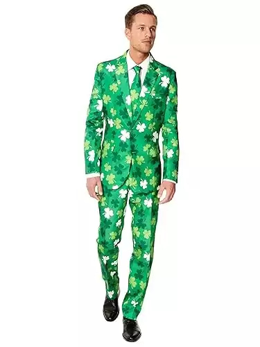 Suitmeister Patrick Clover Suit with Shamrock Print for Men Coming with Green Pants, Jacket, Tie