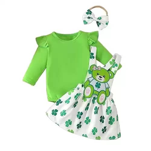 Newborn Infant Baby Girls St. Patricks Day Outfit Long Sleeve Romper Cute Bear Clover Print Suspender Skirt Set