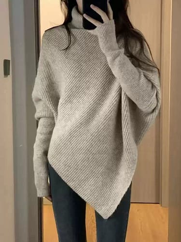 Irregular Turtleneck Sweater Women Autumn Winter Long Sleeve Knitted Sweater Ladies Korean Fashion Solid Color  in 2024 | Damen-sweatshirts, Strickwaren, Stilvolle outfits