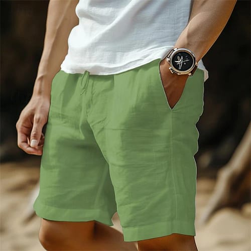 Men's Shorts Linen Shorts Summer Shorts Pocket Drawstring Elastic Waist Plain Comfort Breathable Short Casual Daily Holiday Fashion Classic Style Black White 2024 - $16.99