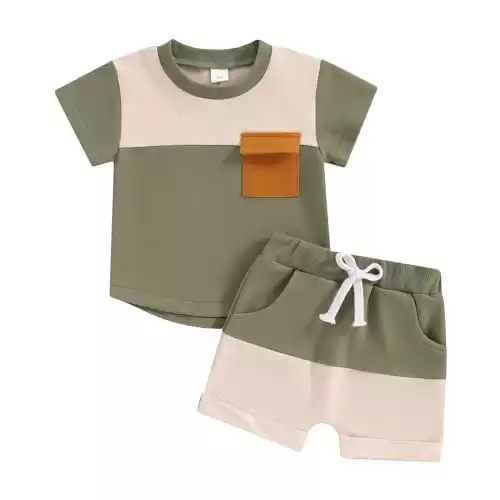 Ledy Champswiin Toddler Baby Boy Summer Outfit Color Block Short Sleeve T-shirt Pullover Tops Jogger Shorts Clothes Set (Army Green, 2-3 Years)