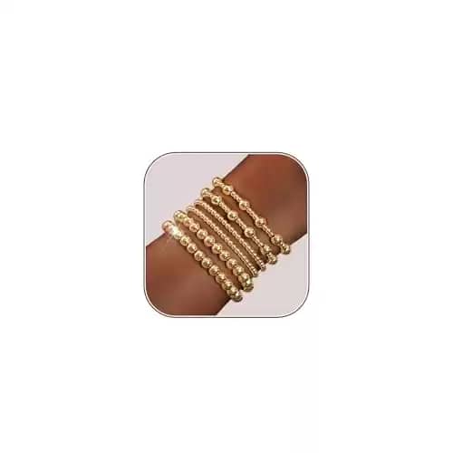 HERIER Gold Bracelets for Women 14K Gold Plated Stretch Gold Beaded Bracelets for Women Trendy Stackable Bead Ball Bracelet Gold Jewelry for Women