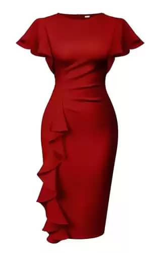 Memoriesea Women's Vintage Church Ruffle Sleeve Ruched Bodycon Work Midi Pencil Dress Red