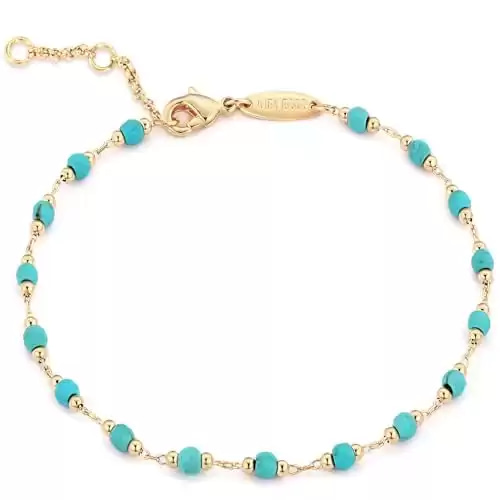 MEVECCO Gold Round Turquoise Beaded Bracelets,14K Gold Plated Handmade Cute Dainty Bracelet for Women