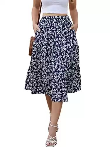 Lyrur Women's Skirts Elastic Waist Flowy Summer Boho Ruffle Casual Floral Midi Tiered Skirts with Pockets(M,9193-Navy Floral)