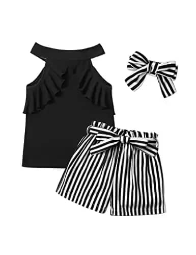 MIGU Toddler Girl Clothes 4t-5t Girls Summer Clothes Cute Girl Fashion Black Sleeveless top striped shorts Cloting Sets Outfits headbands 3pcs