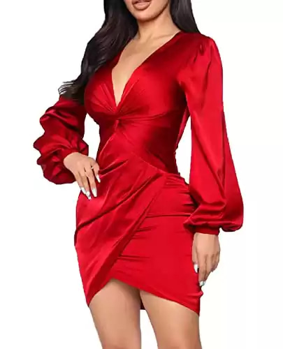 DeftSharp Women's Long Sleeve V Neck Ruched Body Dress Summer Formal Midi Dress Cocktail Party Red