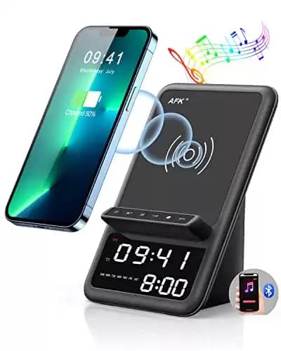 AFK Wireless Charging Station with Bluetooth Speaker and Alarm Clock, 4 in 1 Wireless Charger Compatible with iPhone15 14 13 12 11 Pro Max Series,Samsung Series and Other Android Phones(Black)