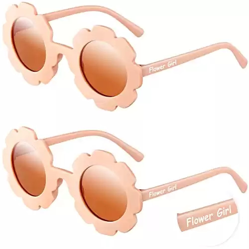 Landhoow 2 Pcs Flower Girl Sunglasses Kids Round Sunglasses Flower Girl Proposal Gift Cute Glasses for Outdoor Beach Party (Rose Pink, Flower)