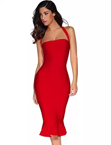 Womens Halter Fishtail Bandage Party Dress Elegant Wedding Guest Dress(Red,XL)