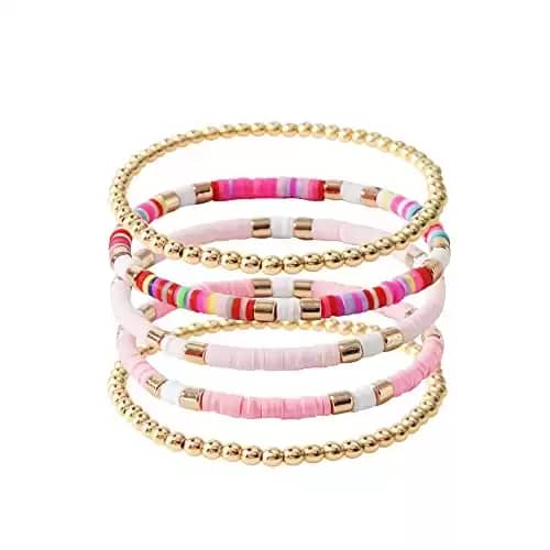 GOOJIDS Surfer Heishi Clay Bead Bracelets for Women Bohemian Stackable Gold Beaded Stretch Bracelets Elastic Layering Friendship Bracelets Boho Jewelry Gifts (C-New Pink Sets)