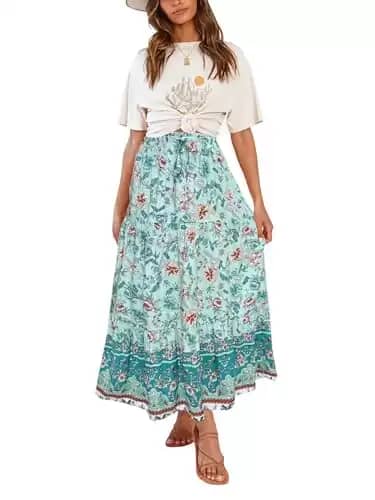 ZESICA Women's 2024 Bohemian Floral Printed Elastic Waist A Line Maxi Skirt with Pockets,Turquoise,X-Small