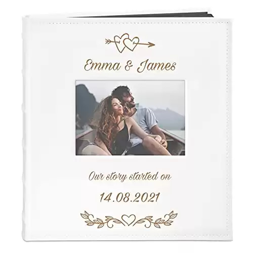 Maverton Photo Album - Customised white cover with a photo frame - 60 black pages - Memory book for couples - for parents - scrapbook for wedding - Love