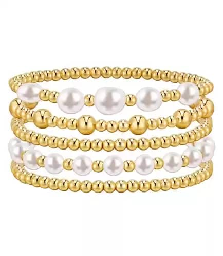 adoyi Gold Bracelets for Women, 14K Gold Plated Beaded Bracelets Stack Trendy Stackable Bracelet Set Strand Stretch Pearl Ball Bracelet Gold Jewelry Set for Women Gift