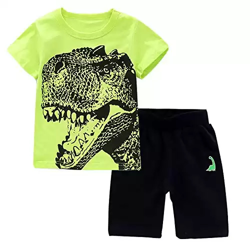 IjnUhb Toddler Boy clothes Cartoon Cotton Summer Short Sleeve T-Shirt and Shorts Kids Outfit Set (Green Dinosaur 5T