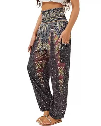 QIANXIZHAN Women's Harem Pants, High Waist Yoga Boho Trousers with Pockets Black Flower M