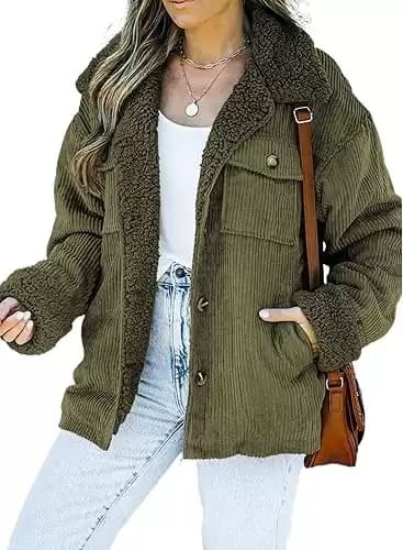 Dokotoo Corduroy Sherpa Jacket for Women Button Down Fleece Fur Collar Winter Warm Coat