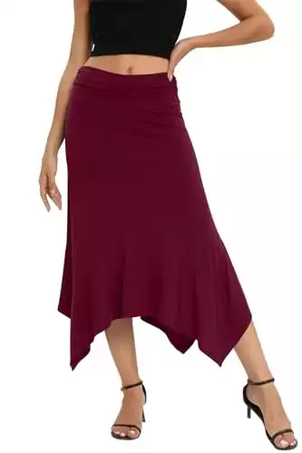 Yincro Women's Summer Flowy Midi Skirt with Handkerchief Hemline (Burgundy, L)