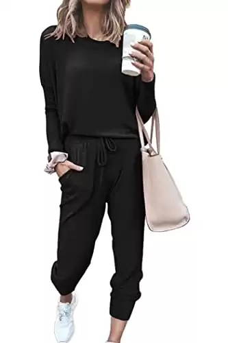 PRETTYGARDEN Women's 2024 Fall Two Piece Outfit Long Sleeve Crewneck Pullover Tops and Long Pants Tracksuit (Black,Small)