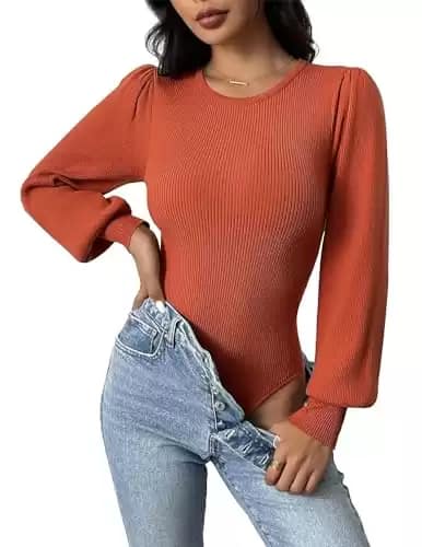 Women 2024 Long Puff Sleeve Sweater Fall Slim Fit Pullover Tops Crewneck Ribbed Knit Bodysuit Jumpsuit Caramel Small