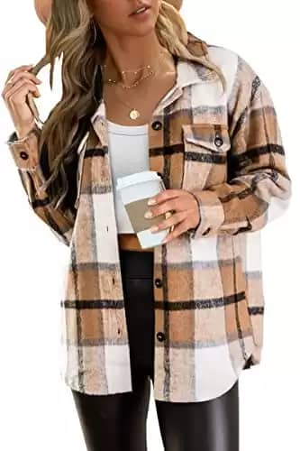 AUTOMET Womens Fall Outfits Fashion Clothes Shackets Flannel Plaid Button Down Long Sleeve Shirts Jackets 2024 Apricot S