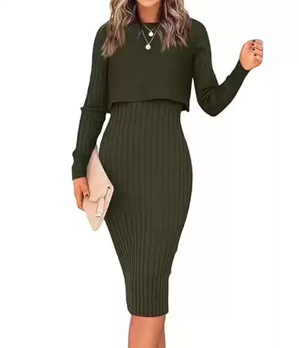 Ezbelle Women's Long Sleeve Sweater Dresses 2 Piece Outfits Sets Ribbed Knit Crop Tops and Tank Bodycon Midi Dress