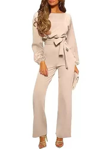 Happy Sailed Womens Loose Long Sleeve Belted Wide Leg Pant Romper Jumpsuit Business Casual One Piece Outfits