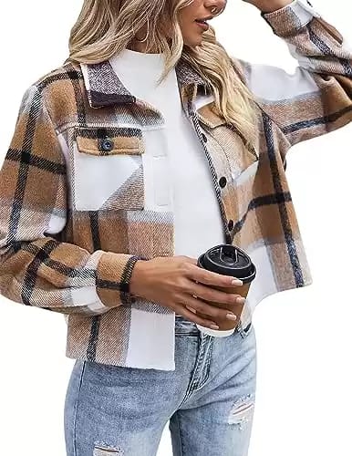 Zeagoo Flannels for Women Cropped Shacket Jacket Plaid Button Long Sleeve Shirt 2024 Fall Halloween Outfits