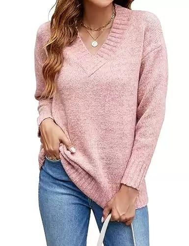 Bluetime Women Loose V Neck Oversized Sweaters Tops Casual Long Sleeve Sweater Soft Cable Knit Pullovers (M, Pink)