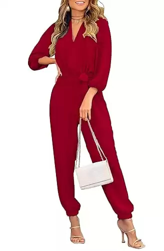 PRETTYGARDEN Women's 2024 Fall Jumpsuits Casual Dressy One Piece Outfits V Neck Long Sleeve Belt Pockets Long Pants Romper